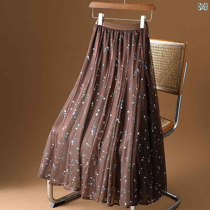 スカート　レディース　花柄 両面 着用 高級 メッシュ 花柄 スカート レディース 春服 2025 プリーツスカート プリント 大振り aライン ロング