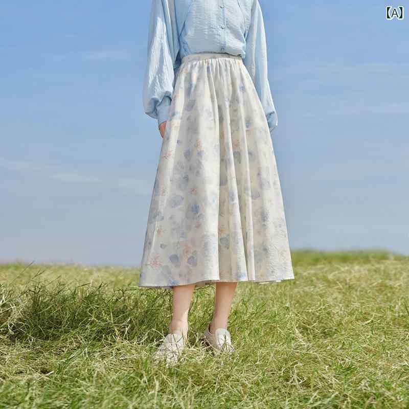スカート　レディース　花柄 イン マン リネン ロマンチック フローラル スカート 女性 2025 春 レトロ aライン ミドル 丈 アンブレラ 小柄な 女性用