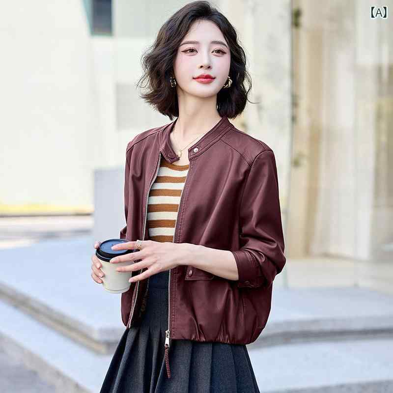 レディース コート ジャケット Haining 革 ジャケット 女性用 2025 春秋 シープスキン ショート スタンドカラー レザージャケット|みやショップ店