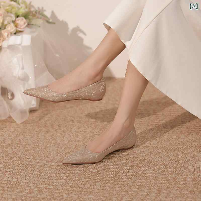 ハイヒール　シューズ　レディース の ネットの 尖った フラット シューズ 女性 花嫁 春秋 シルバー ウェディング 介 添 人 ウェディングシューズ