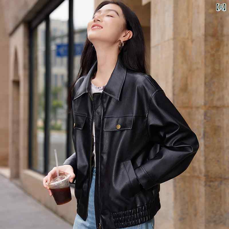レディース　コート　ジャケット Xiangying オートバイ ブラック レザー ジャケット レディース カジュアル レトロ クール スタイル PU ショート トップ