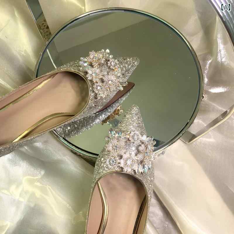 ハイヒール　シューズ　レディース シャンパンの スパンコールの ウェディングシューズ 2024 花嫁 Hexiu ウェディングドレス 2 着用 妊婦 フラット ハイヒールは 足を 疲れさせません