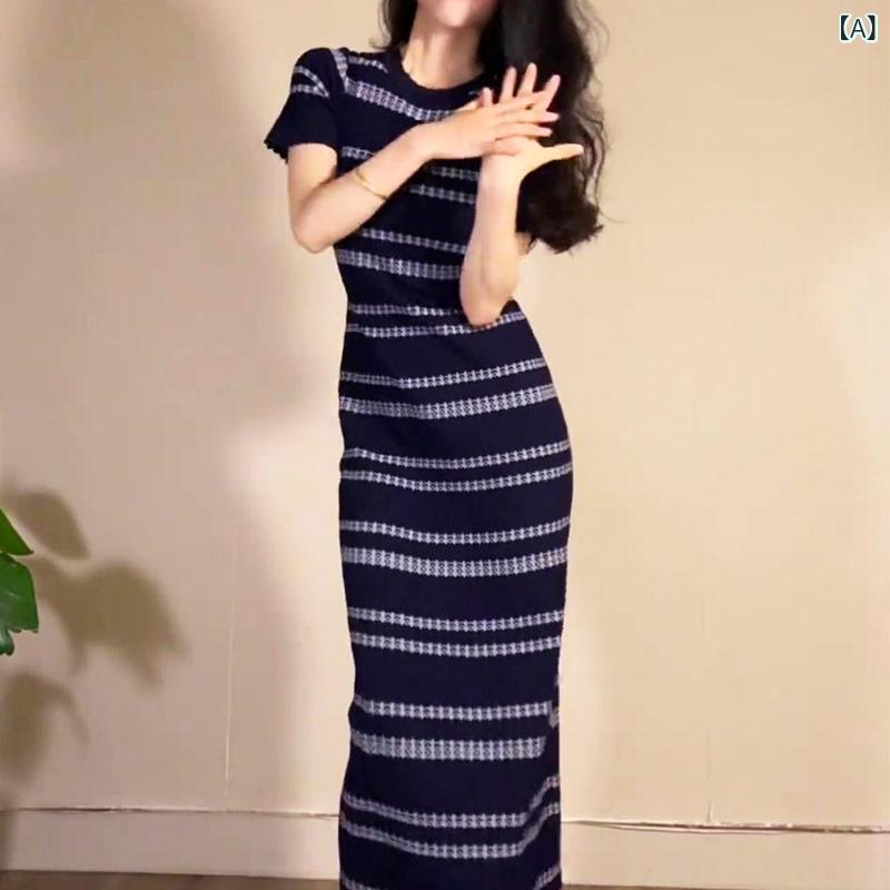レディース　ドレス　ワンピース 女性用 ブラックストライプ ラウンドネック ドレス 2025 春夏 スリムフィット ホット ガール スタイル ロング スカート