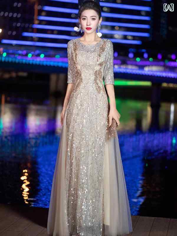 ドレス　パーティー　レディース 軽い 高級 ドレス スパンコール コーラス パフォーマンス 衣装 女性 ロング スカート 司会者 ソロ 朗読 ステージ