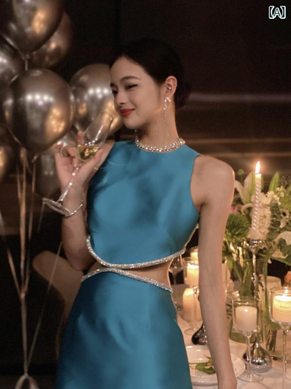 ドレス パーティー レディース 湖の 青い ラインストーン チェーンが 輝く 重い スーツ なの 誕生日 ドレスの 年次 パーティー ドレスは 普段着と して 着用 できます|みやショップ店