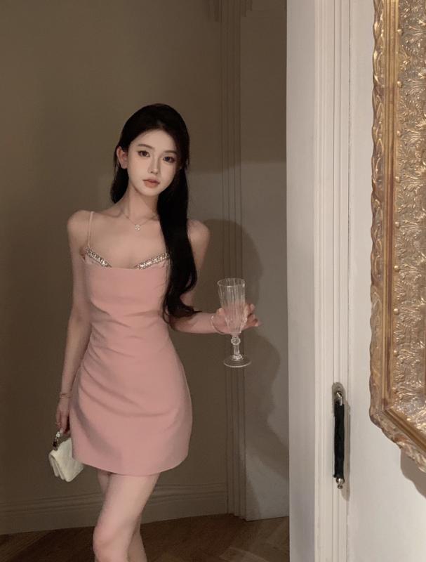 ドレス パーティー レディース フランスの 高級 ラインストーン 輝く サスペンダー ドレス 女性 秋 セクシー パーティー 小さい ヒップ スカート