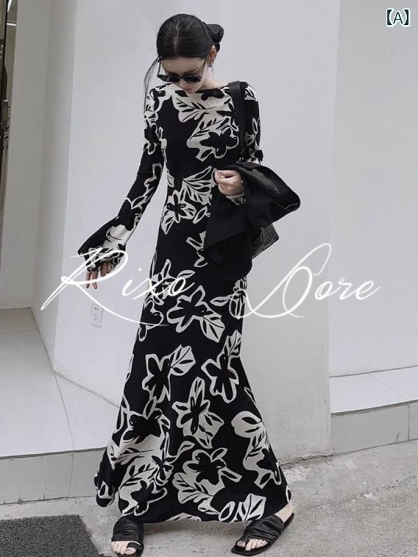 レディース　ドレス　ワンピース RIXO DORE フランス 風 高級 黒 トランペット 袖 スリム プリント ワンピース 女性 17,262円