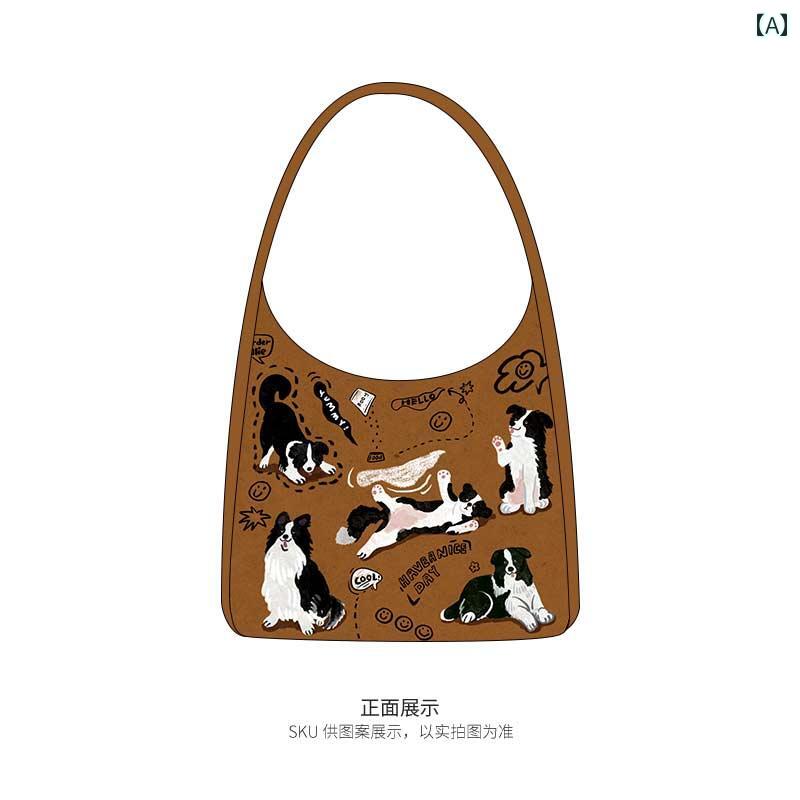 レディース　バッグ　カジュアル Ni Rui x 小短 脚 レトロ ショルダーバッグ かわいい 子犬 プリント バッグ大容量 カジュアル キャンバス バッグ