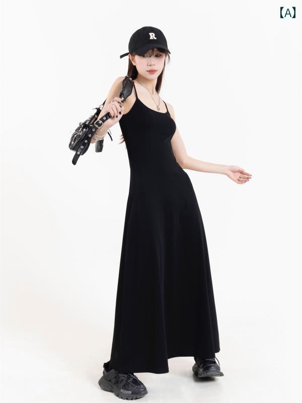 キャミソール　トップス　レディース 黒 サスペンダー ドレス レディース 夏 スリム リトル ブラック ノースリーブドレス フレンチ ロング スカート
