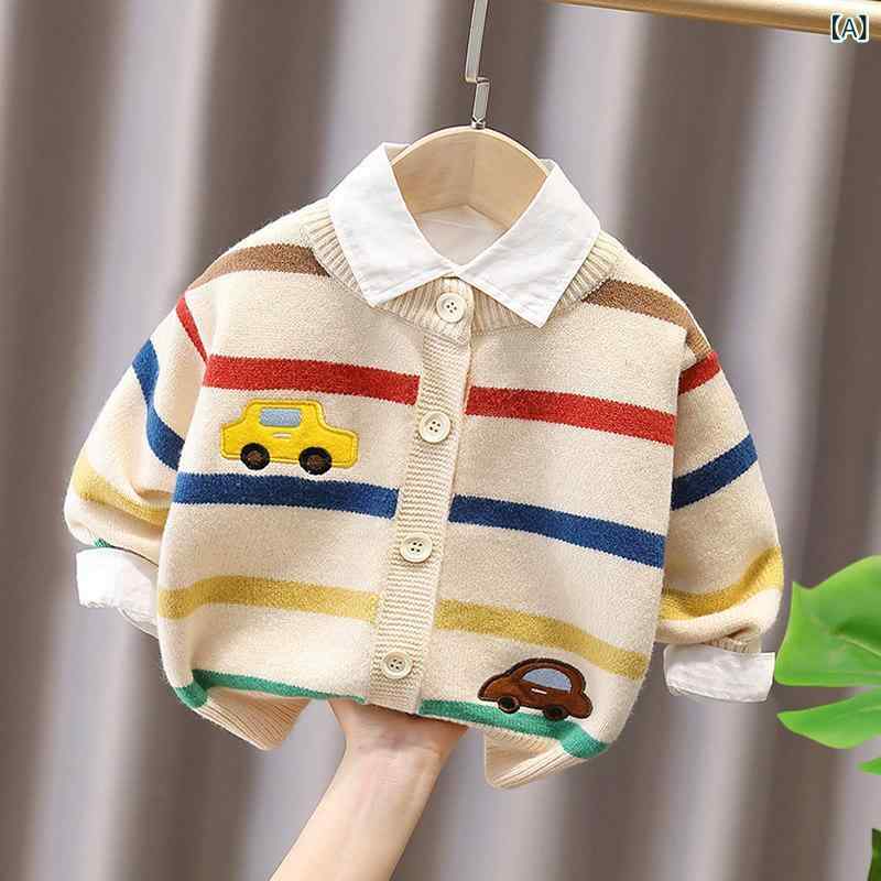 子供服　ニット　セーター 幼児と 子供用の かわいい 刺繍入りの 車 ニットカーディガン 男の子と 女の子用 2024秋冬 ベビー ストライプセーター 子供用 コート