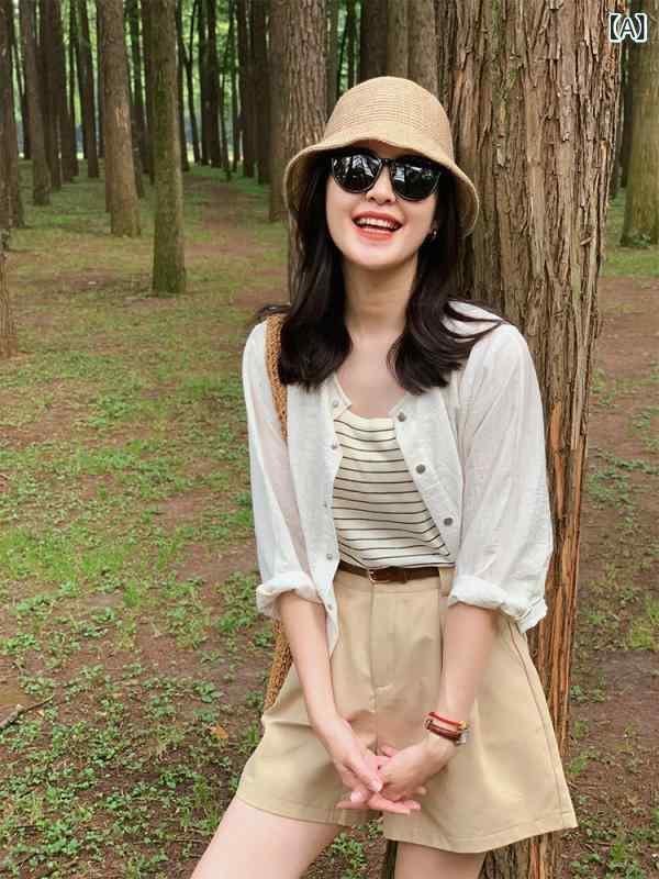 パーカー　薄手　カジュアル フランス製の ショート 丈の 白い コットンと リネンの 夏の 女性用 日焼け防止 シャツ ジャケット 薄手の チュール カーディガン トップ
