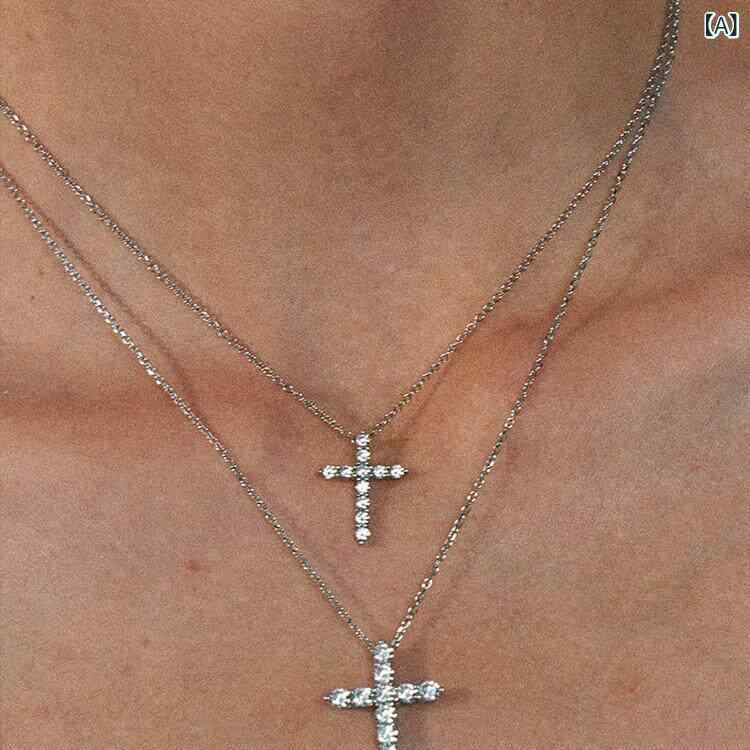 ネックレス　十字架　クロス 7 CHENと アメリカ クロス ネックレス ラインストーン 付き 925 シルバー シンプル ファッション アクセサリー ペンダント 鎖骨 チェーン ギフト