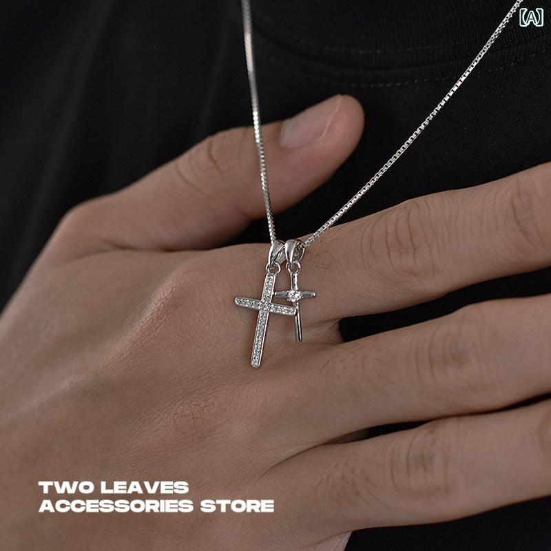 ネックレス　十字架　クロス TWO LEAVES S925 スター リング シルバー ラインストーン ダブル クロス ペンダント ヒップ ホップ 男女兼用 カップル ギフト ネックレス