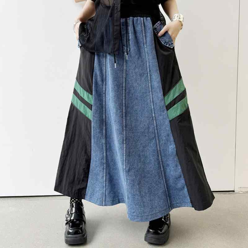 レディース スカート デニム 切り替え ツートンカラー ゆったり Aライン ロング ストライプ レトロ カジュアル 春秋 普段使い ストリートファッション