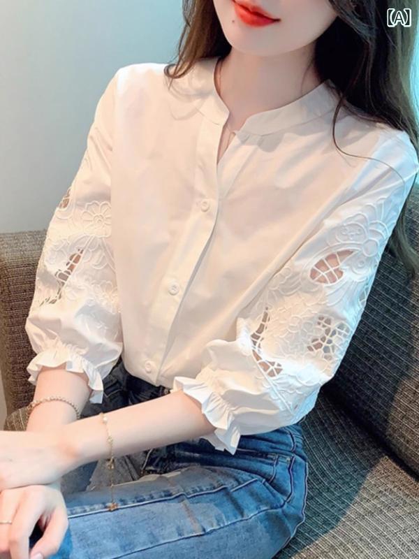 Yシャツ 無地 シンプル 女性用 ホワイト シフォンシャツ 春秋 薄手 2025 フレンチ 七分袖 シャツ トップ|みやショップ店
