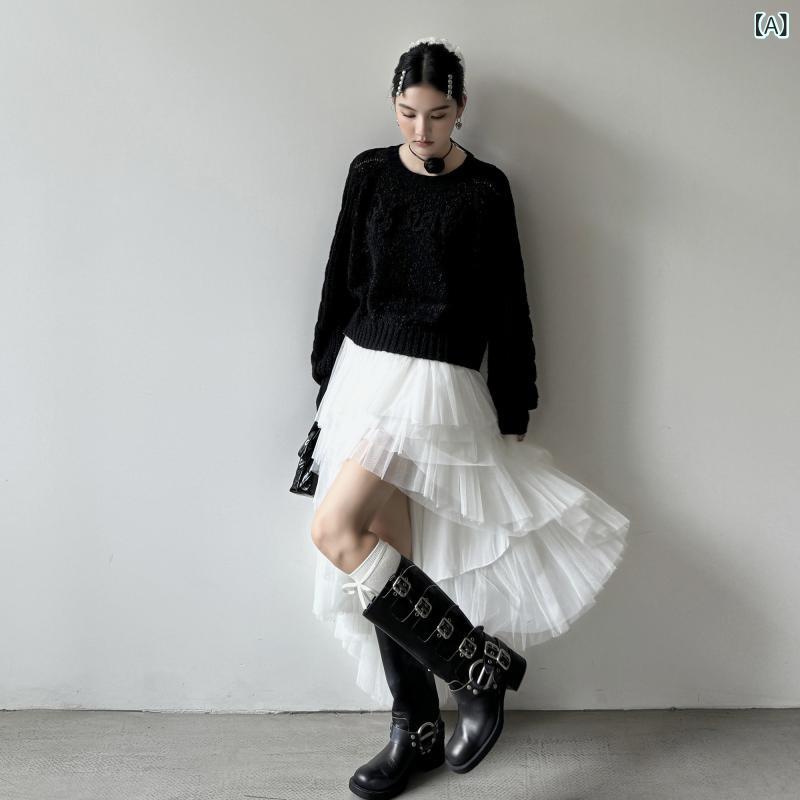 レディース　スカート　ハイウエスト ddgirl ホワイト ロマンス センス 多層非 対称 ふわふわ 糸 フェアリー スカート
