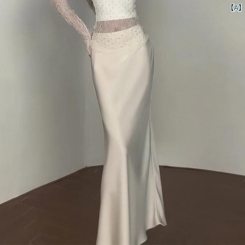 レディース　スカート　ハイウエスト 高級 スリム フィッシュ テール スカート 女性用 2025 秋 スタイル サテン シルキー ハイウエスト ドレープ ロング｜みやショップ店