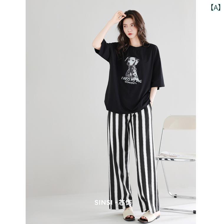 パジャマ　セット　スウェット 春夏の 女性用 クール パジャマ 薄手の 綿 半袖 ストライプパンツ スーツ おしゃれな 夏 スタイル 家 着と しても 着用 可能