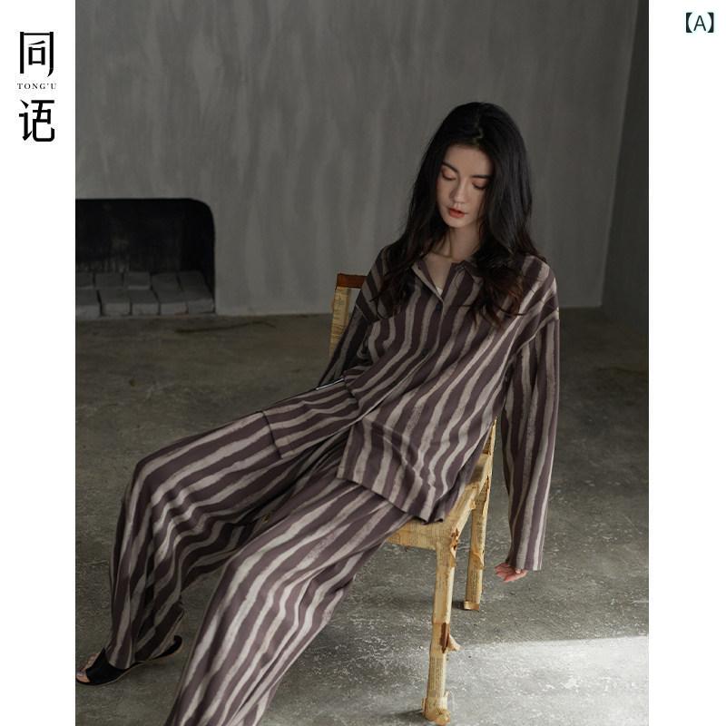 パジャマ　セット　スウェット Tongyu カップル パジャマ 柔らかい 綿 春秋 長袖 カーディガン スーツ 男女 ストライプ 外に 着用 できる 家 服｜みやショップ店