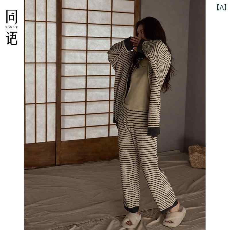 パジャマ 仕掛ける 流汗 Tongyu 24 二人組 パジャマ 秋冬 半 裏起毛 朦々たる メンズと レディース 長袖 背広 縞模様 老人ホーム御召しもの