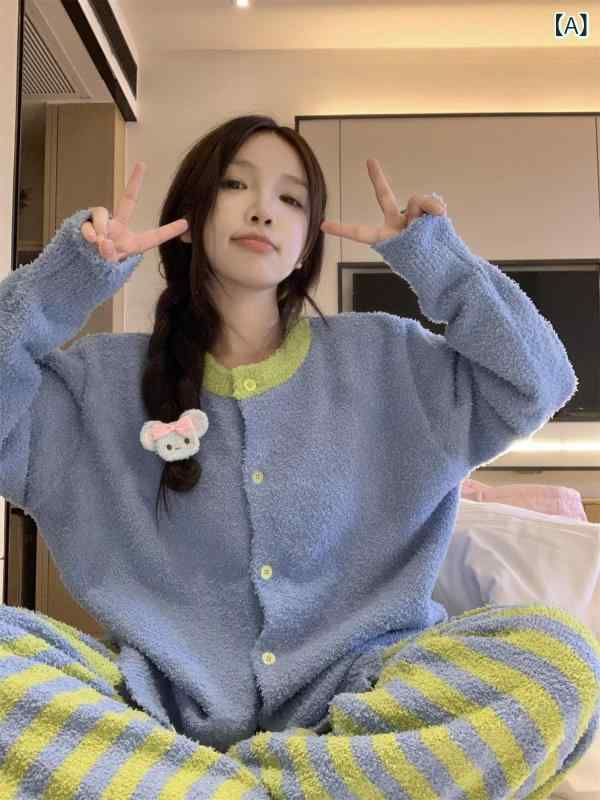 パジャマ　セット　スウェット 大きいサイズ 厚手 ハーフ エッジ ベルベット パジャマ レディース 冬 2024 ストライプ ホーム 服 コーラル ベルベットスーツ 秋冬 6,240円