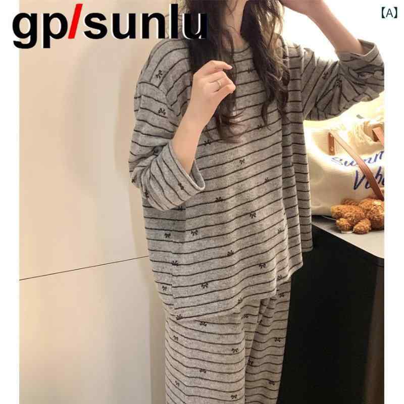 パジャマ　セット　スウェット GP 綿 起毛 パジャマ レディース 春秋冬 厚手 暖かい シンプル ストライプリボン ホームウェア スーツ