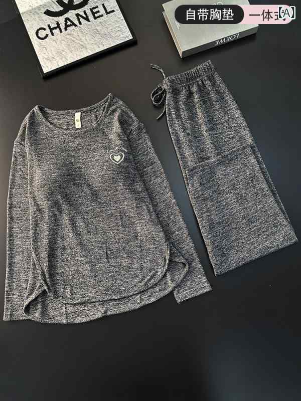 ストライプ　パジャマ　スウェット 春秋 女性用 パジャマ 綿の 長袖 胸 パッド 付き 屋外で 着用 可能 シンプル ホームウェア スーツ ツーピース ラウンドネック 春と 夏