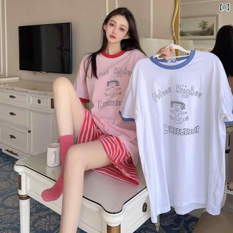 パジャマ　セット　スウェット 韓国 パジャマ 女の子 夏 綿 かわいい 学生 ホーム 服 半袖 ストライプ ショート パンツ スーツは 外で 着用 できます