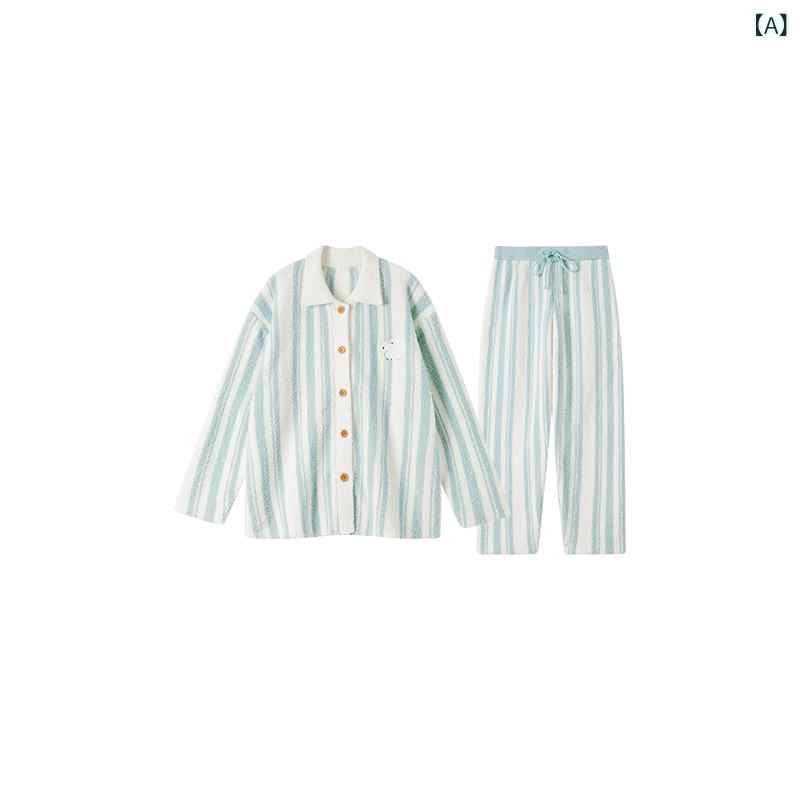 ストライプ パジャマ スウェット シェイプ パジャマ レディーススーツ ストライプ ハーフ エッジ ベルベットグリーン 暖かい 裏起毛 厚手 2024 冬 ホーム 服|みやショップ店