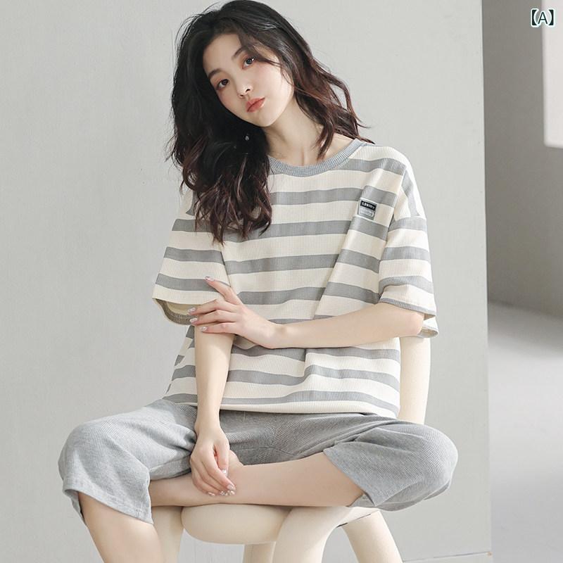 ストライプ　パジャマ　スウェット 女性用 パジャマ 夏 綿 2025 半袖 クロップドパンツ レディーススーツ 雰囲気の ある ホームウェア スタイル