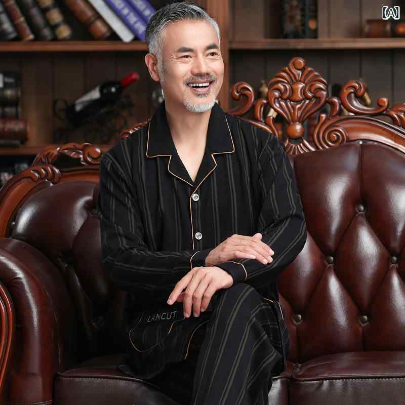 ストライプ　パジャマ　スウェット パジャマ メンズ 綿 長袖お父さん 春秋 スーツ ゆったり 薄手 家庭 服