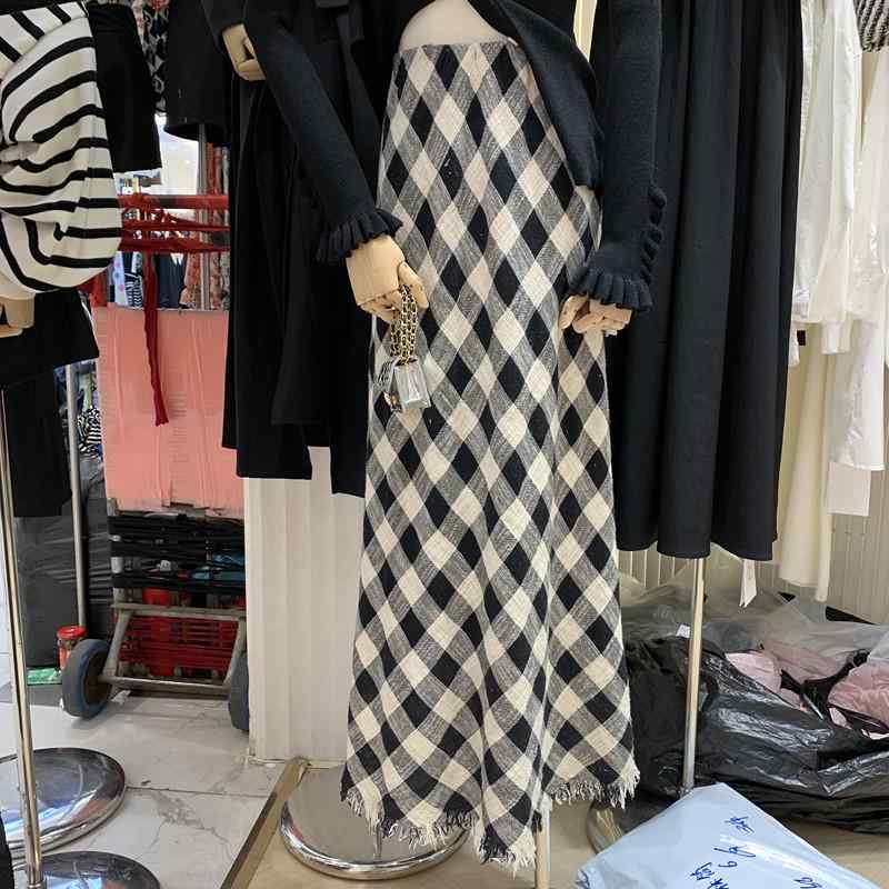 レディース ロングスカート 秋冬 レトロ 黒白チェック ハイウエスト フリンジ モノトーン ファッション ビンテージ スタイル カジュアル エレガントx2
