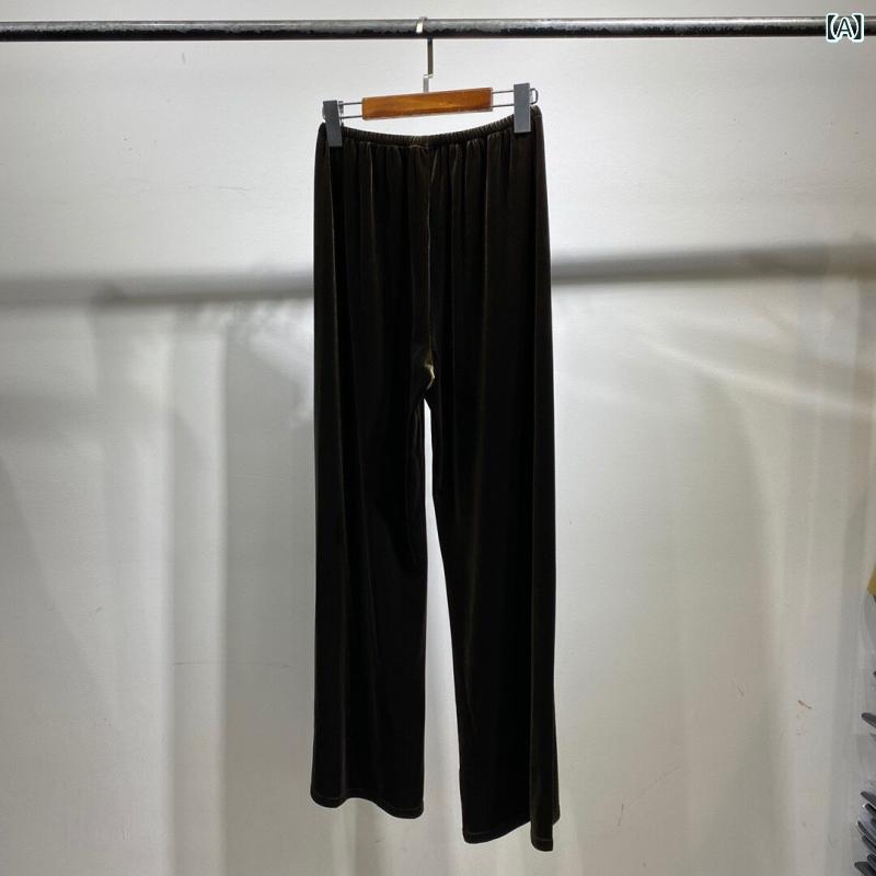 ボトムス　レディース　スリム レトロ ゴールド ベルベットの ワイド レッグ パンツ レディース 春秋 スリム ドレープ性の ある フロア レングスの ゆったり ストレート カジュアル｜みやショップ店