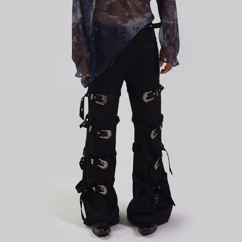 ボトムス　レディース　スリム KADAKADA パイオニア パンク メタル バックル ヘビー ストラップ ロング ブラック サブカルチャー パンツ