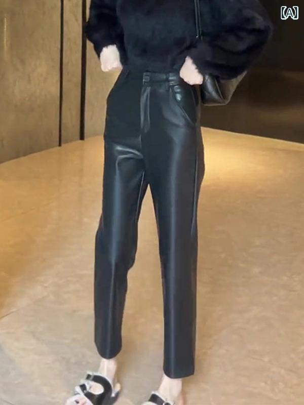 ボトムス レディース か細い 飛び切り 黒いこと ストレートレザーパンツ レディース 2024 冬 ご機嫌酉の方角 スリミング 心地好い ズボン下