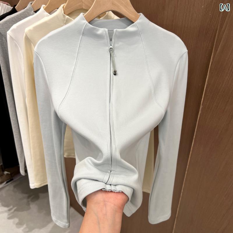 ジッパー　ジャケット　カジュアル の 商品 スタンドカラー ブルー 長袖 Tシャツ ダブル ジッパー ニット トップス 女性 2025 春 スリム インナージャケット