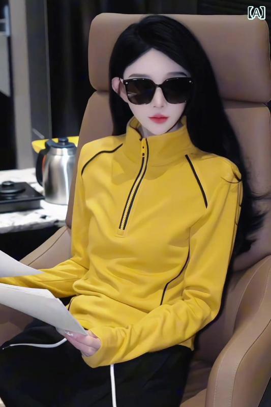 フリース　トップス　ジッパー 韓国 ファッションの 黄色の ハーフ ジップ スタンドカラー 長袖 トップス レディース 秋冬 カジュアル 万能 レイヤリング シャツ 6,443円