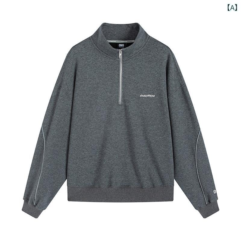 フリース トップス ジッパー OMG スポーツ ショート スタンドカラー スウェットシャツ メンズ ハーフ ジップ プルオーバー ジャケット 春秋 ゆったり カジュアル|みやショップ店