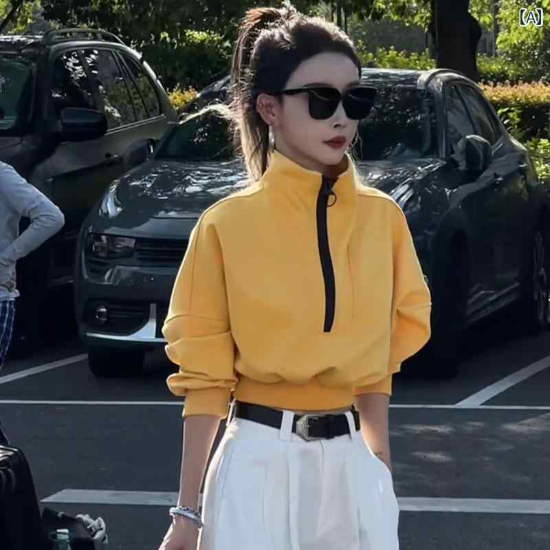 フリース　トップス　ジッパー アメリカン ハーフ ジップ スタンドカラー セーター ジャケット。 春秋に 着用 でき ハイネックと ハイウエストの ショート スタイルで な ウエスト トップ 付き。