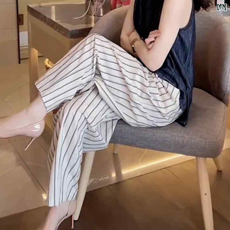 レディース　ハイウエスト　パンツ ストライプ ワイド レッグ パンツ レディース ストレート 夏 薄手 2025 ゆったり ハイウエスト ドレープ カジュアル イン