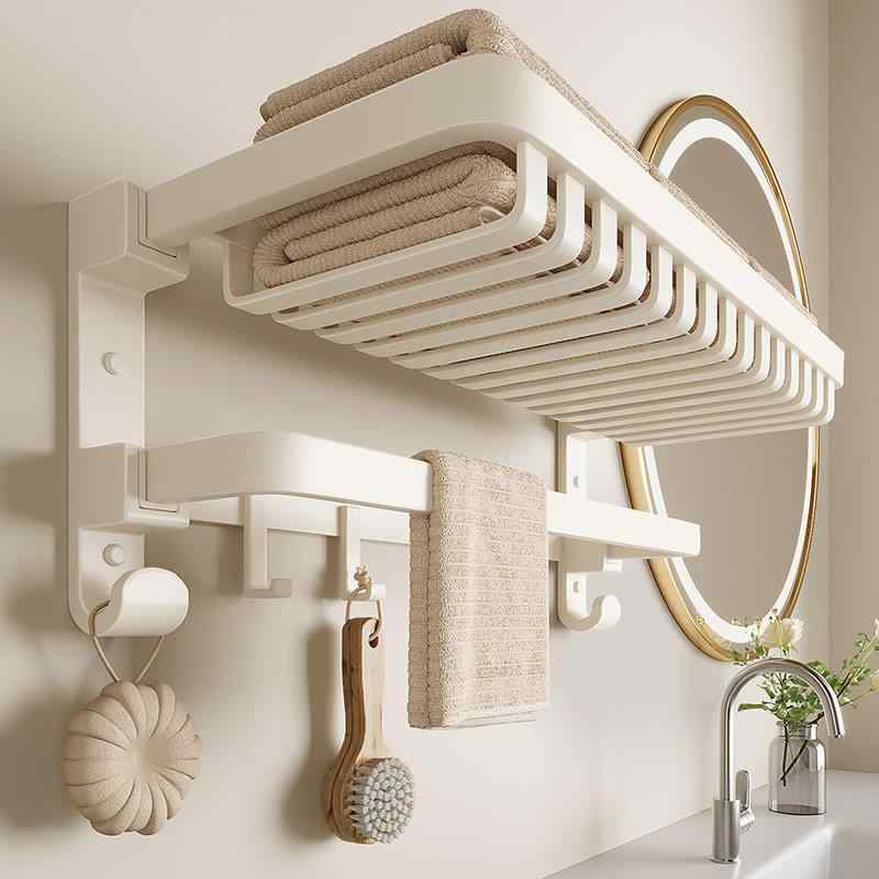 タオルラック 浴室用 トイレ用 壁掛けタイプ 穴開け不要 ステッカー固定 網状ワイヤー バスケット付き 置物棚 クリーム調カラー 厚手構造 高級感 耐水加工 コンパクトサイズ 収納