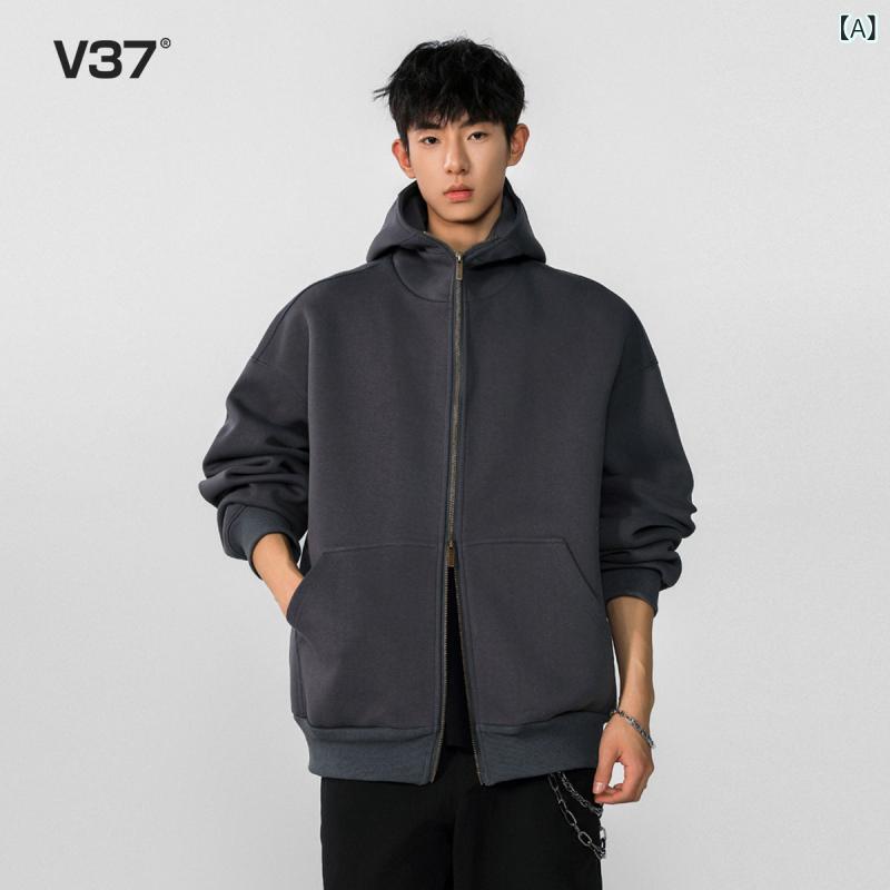 パーカー　フード付き　ニット V 37 アメリカン スタイル カーディガンフード付き スウェットシャツ メンズ 2025 春秋 ヘビー ダブル ジッパー スポーツ カジュアル ジャケット