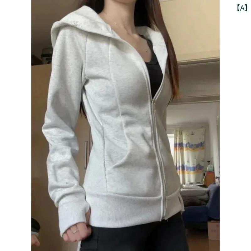 パーカー　フード付き　ニット 女性用 グレーの スリムフィット スウェットシャツ ジャケット 春服 ストレート ショルダーと ウエスト フード付き トップス スリム タイトな