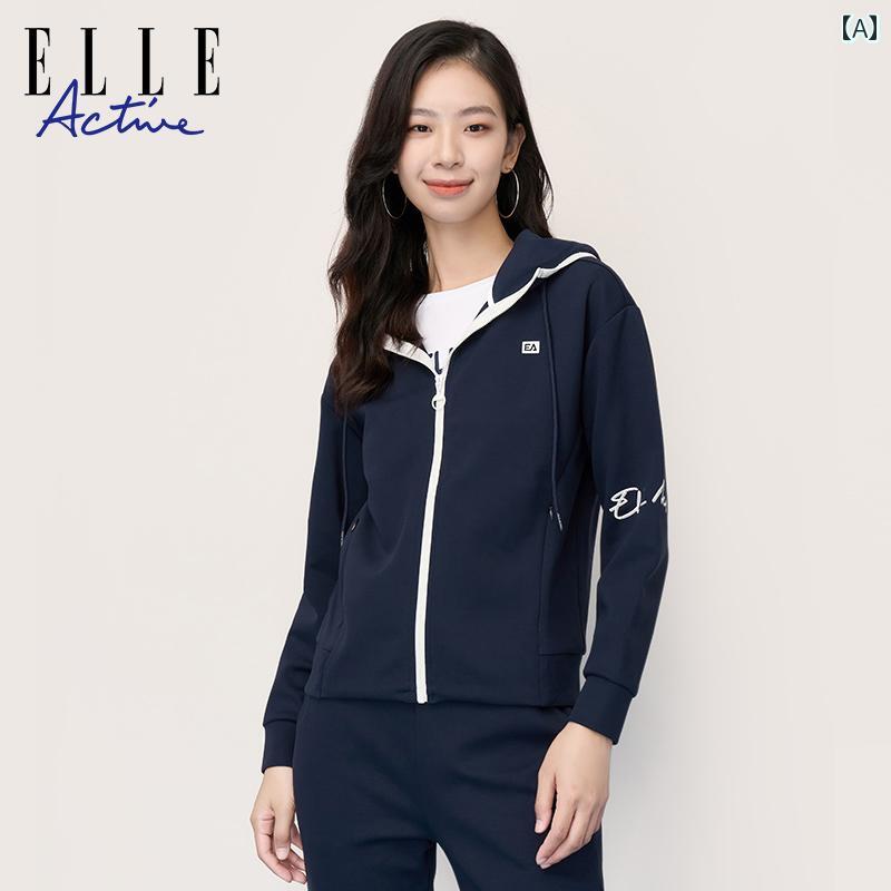 パーカー　フード付き　ニット ELLE アクティブ ジッパー フード付き ショート ジャケット レディース 2025 春秋 カジュアル スポーツ セーター カーディガン スリムフィット