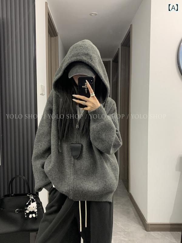 パーカー フード付き ニット YOLO SHOP 実用 着 韓国 スタイル ゆったり スリム フード付き ジッパー セーター ジャケット レディース|みやショップ店