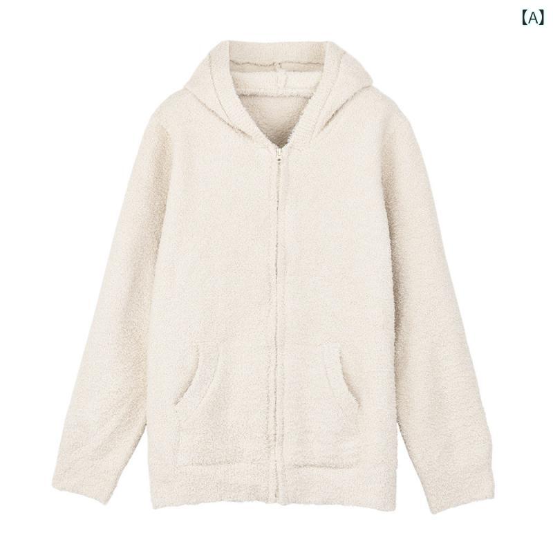 レディース　パジャマ　スウェット　上下 女性用 MUJI ファーリー ホームウェア フード付き カーディガン プルオーバー ハーフ エッジ フリース 暖かい パジャマ セット