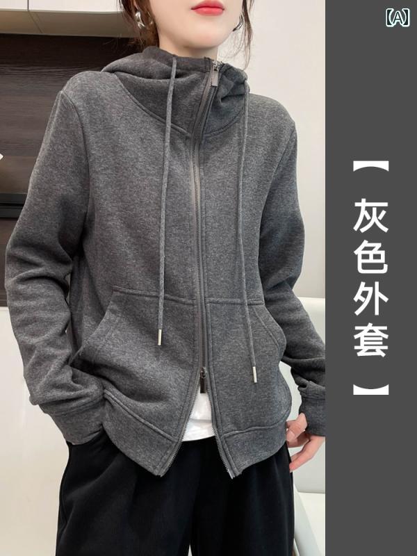 パーカー　フード付き　ニット の 商品 シンプル フード付き ジャケット 女性 秋冬 スタイル ダブル ジッパーな カジュアル カーディガン トップ