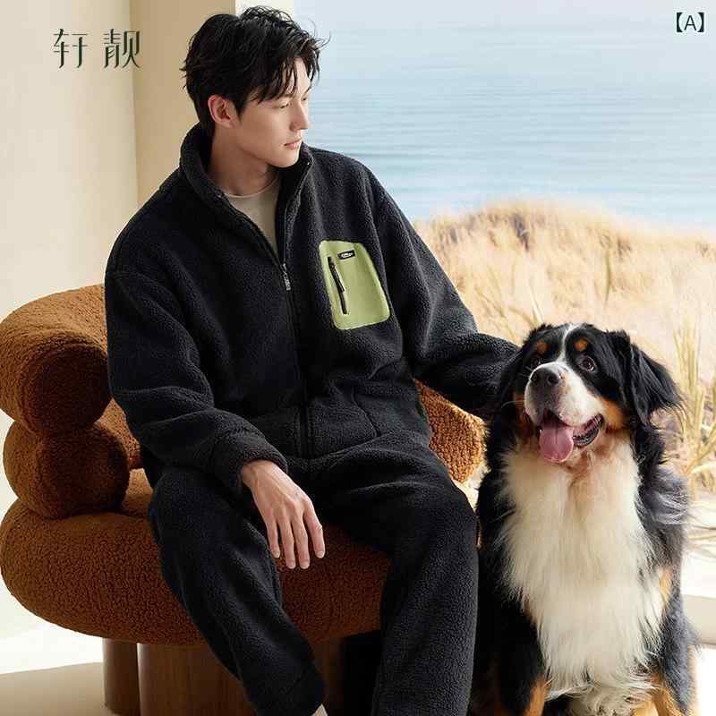 レディース　パジャマ　スウェット　上下 Xuan Liang 帯電 防止 子羊 ベルベット パジャマ 男性 冬 裏起毛 厚く 暖かい コーラル ホームウェア セット｜みやショップ店