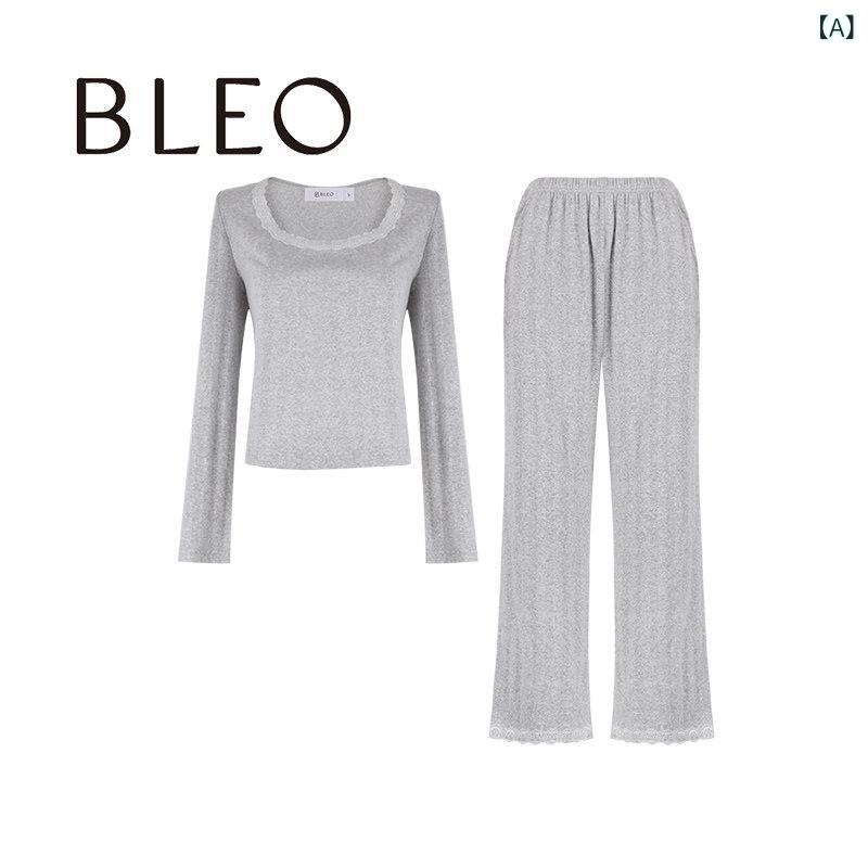 レディース　パジャマ　スウェット　上下 BLEO 2025 春夏 コットンニット フレンチ レース スクエアネック 長袖 パジャマ レディース ホームウェアと しても 着用 可能
