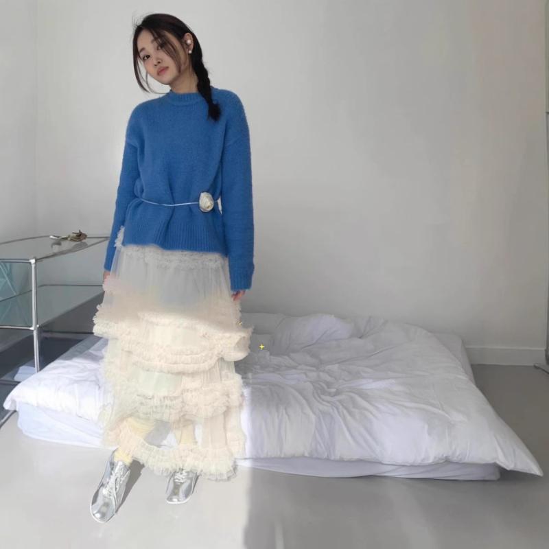 レディース ロングスカート 森ガール風 ナチュラル フェミニン シンプル チュール 切り替え レイヤード フリル重ね ティアードスカート 韓国スタイル 体型カバー 雰囲気 軽やか シルエット 伸縮性 再生繊維x5